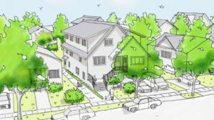 An illustration of a multi-unit house from the City of Victoria document Missing Middle Design Guidelines.