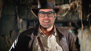 Edited photograph of GovLaw Associate Zach Currie dressed as Indiana Jones.